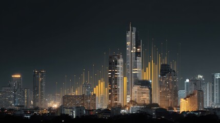 Fototapeta premium Urban Skyline with Abstract Financial Growth Visualization at Night, Illuminated Buildings and Data Elements Representing Business Expansion and Innovation