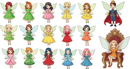 Cute Cartoon Fairy Princess Characters Set with Wings, Colorful Dresses and Fantasy Royal Illustrations Vector Collection © Salman