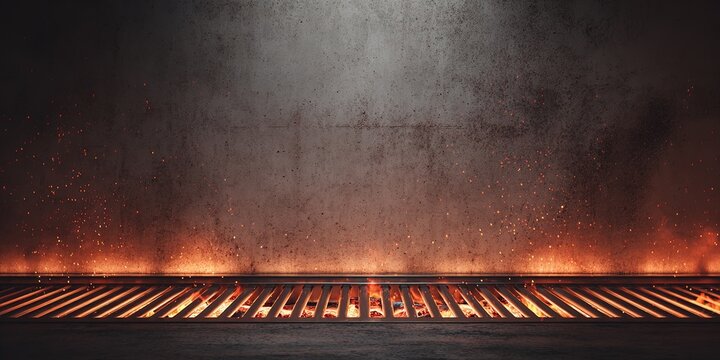 Hot barbecue grill grate with glowing coals and sparks, empty BBQ background