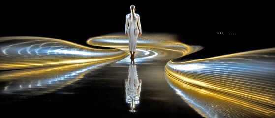 Surreal Fashion Runway Art With Futuristic Lights, Reflection And Striped Silhouette On Catwalk