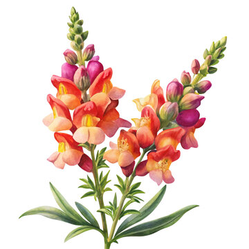 Detailed watercolor painting of two vibrant snapdragon flower stalks on black background