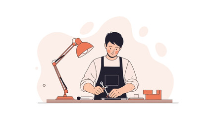 Fototapeta premium Craftsman working on a project with tools and lamp, flat design illustration