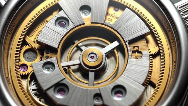 Macro close-up of intricate mechanical watch movement gears and springs turning precisely, showcasing complex internal clockwork mechanism with shallow