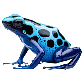 A vibrant blue poison dart frog with black spots on a white background. isolated on transparent background