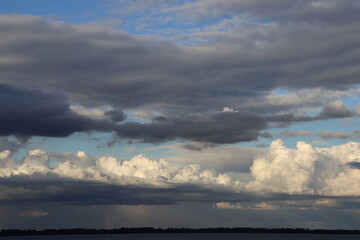 Layered storm clouds over wide river with dramatic sky texture