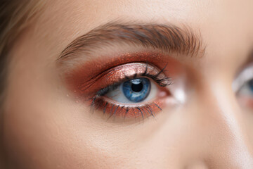 Captivating Close-Up of a Woman's Eye with Shimmering Copper Eyeshadow, Highlighting the Beauty and Detail of the Eye in a Softly Lit Studio Setting