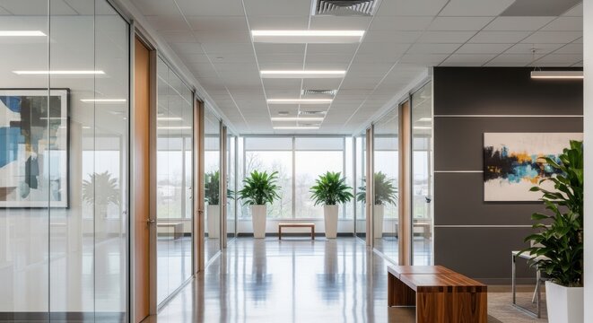 Modern office space featuring glass partitions and indoor greenery for a refreshing ambiance