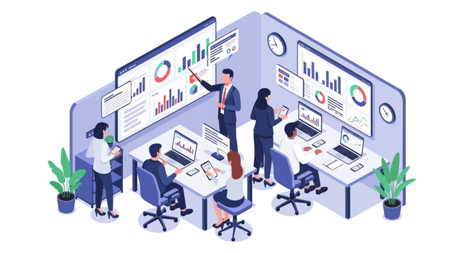 Business team analyzing data on large screens in a modern office environment from an isometric viewpoint