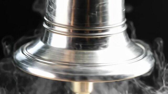 Extreme closeup of a polished silver bell ringing in slow motion, showing the clapper striking the metal surface and visible vibration waves, with subtle