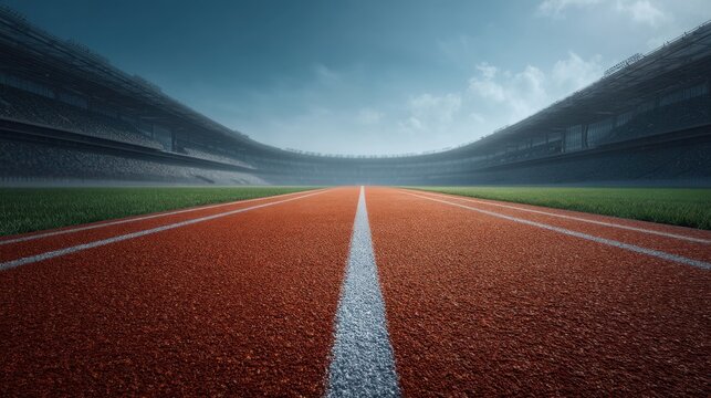 Expansive View of a Track and Field Stadium with Empty Running Track Under a Beautiful Sky and Lush Green Grass Surrounding the Athletic Area