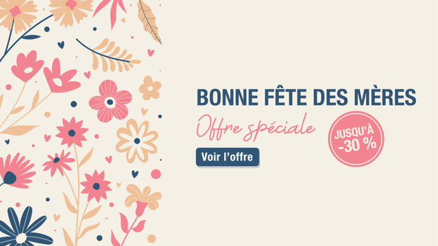 Banni&egrave;re horizontale f&ecirc;te des m&egrave;res avec fleurs pastel et offre promotionnelle jusqu &agrave; 30 pourcent. Id&eacute;al pour e commerce, r&eacute;seaux sociaux et campagnes marketing