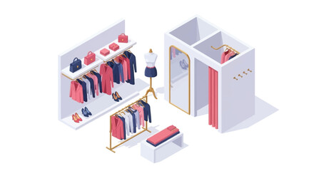 Obraz premium Clothing store display with mannequin and assorted garments in a retail environment viewed from above