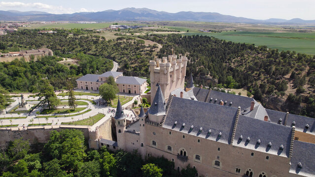 Aerial Shot of Alc&aacute;zar of Segovia Castle Beside Plaza de la Reina Victoria Eugenia, Spain