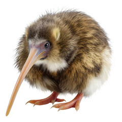 Fototapeta premium A young kiwi bird with a long beak and fluffy feathers on a white background. isolated on transparent background