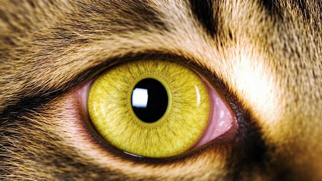 Extreme macro slow motion video of a feline eye pupil contracting and dilating in response to changing light, showing detailed iris texture and