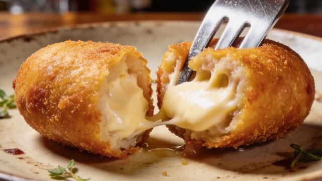close-up of fork breaking into crispy meat croquette revealing filling video