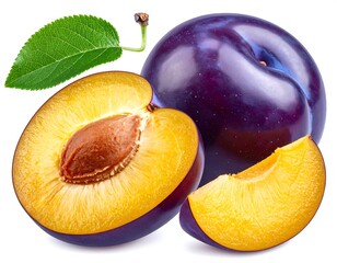 Close-up studio shot of plums. One whole, one cut in half revealing the seed, and a slice, also a leaf
