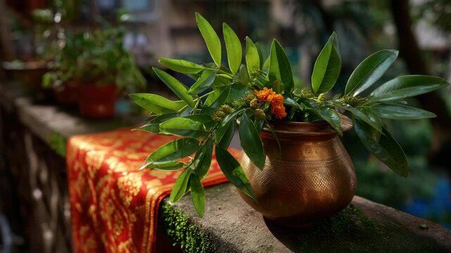 Vibrant orange flowers in a traditional copper pot on a mossy ledge with a colorful cloth