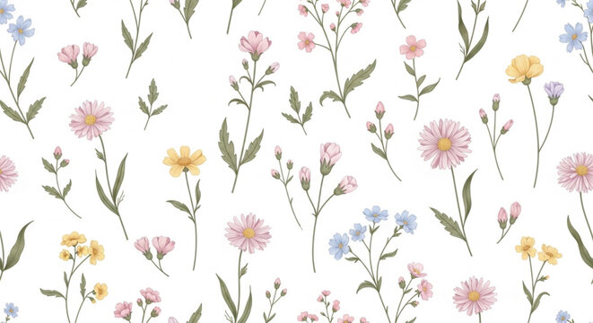 Delicate Pastel Wildflower Seamless Pattern Botanical Floral Background