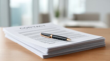 Fototapeta premium Professional contract document with a fountain pen placed elegantly on top, symbolizing agreement and business partnership in a modern office setting