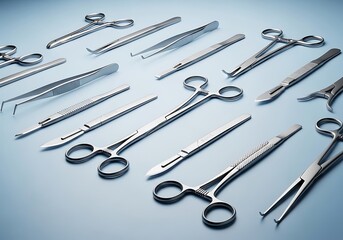 Assorted surgical instruments laid out on blue surface medical tools scissors tweezers