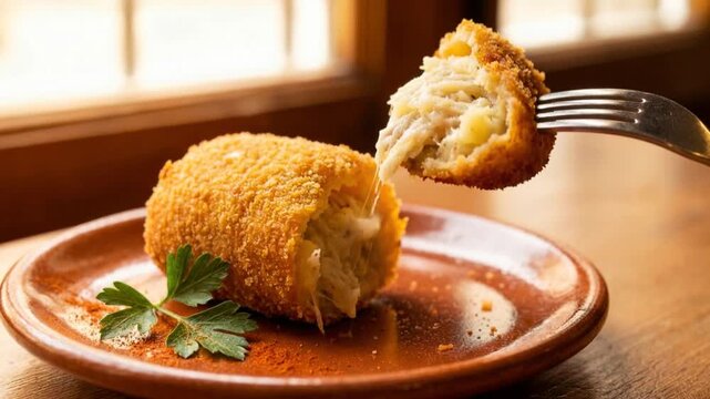 golden fried portuguese croquette cut open with fork moving up close up video