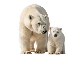 Obraz premium A protective polar bear mother and her cub, standing together, captured with transparent background for versatile design.