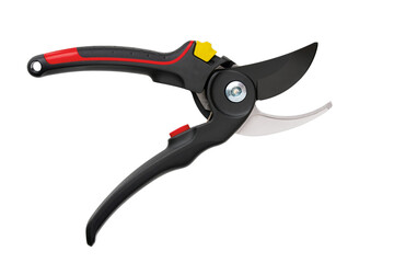Obraz premium Professional garden pruner with black and red handles, sharp steel blade, and yellow safety lock isolated on a white background. Open state. Top view.