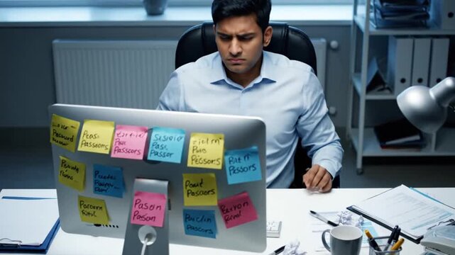 Stressed businessman overwhelmed by password complexity in modern office