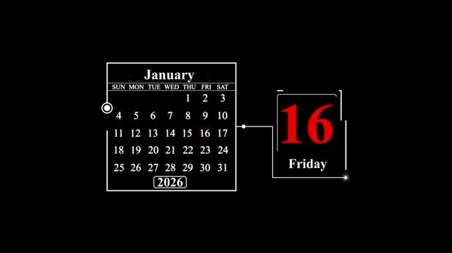 January 2026 Calendar with Friday the 16th highlighted. A very important date in the calendar. Signing a day on a calendar.