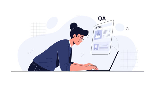 Quality Assurance Tester Working on Laptop, UI Testing Concept