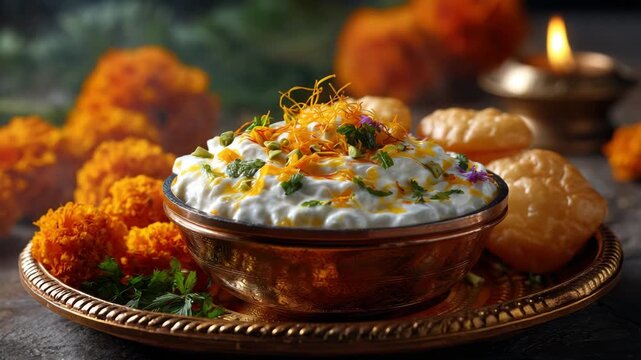 Delicious Dahi Bhalla served in golden bowl with marigold flowers