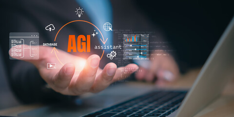 Artificial general intelligence assistant concept with hologram data, database integration, analytics dashboard, smart automation for advanced business management systems and  transformation solution.