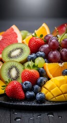 Obraz premium Vibrant Assortment of Fresh Fruits on a Dark Surface with Water Droplets