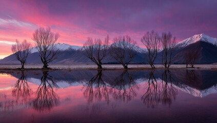 Obraz premium Scenic lakeside landscape with bare trees reflecting vibrant sunset colors