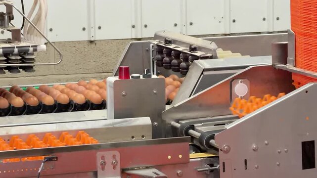 Wide static shot of an automated robotic arm with suction cups lifting rows of brown chicken eggs into orange plastic trays