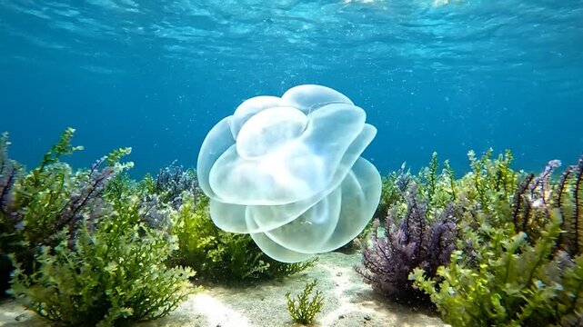 Magnificent underwater scene with unique tunicate colony and vivid seaweed habitat in the ocean