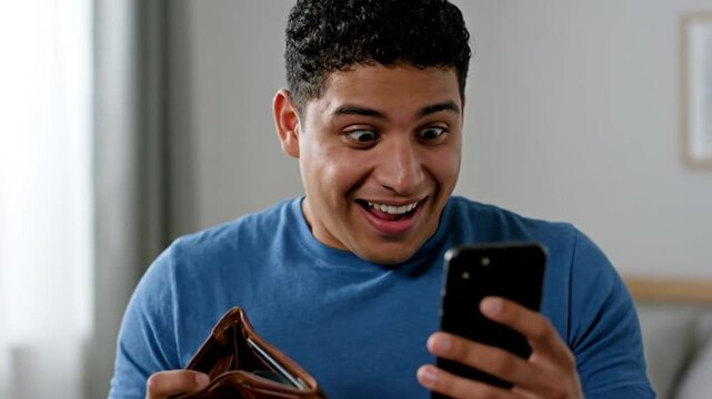 Man checking empty wallet with worried expression in modern living room