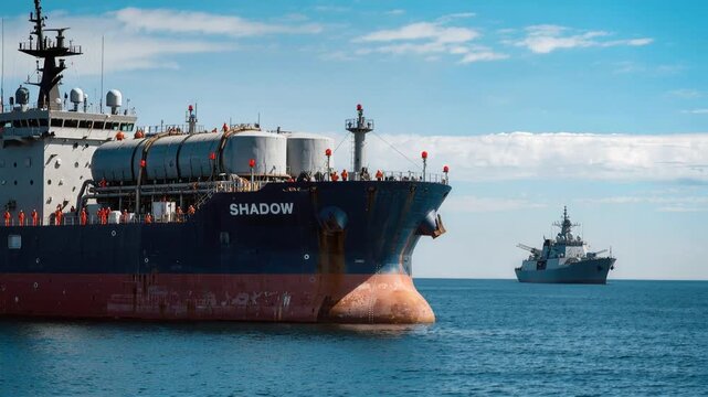 Naval warship monitoring shadow fleet oil tanker at sea. Panning camera movement.