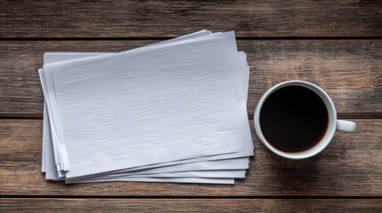 Fototapeta premium Blank sheets of paper stacked on wooden table next to a cup of black coffee for creative work, writing, and brainstorming concepts in a cozy workspace