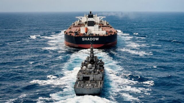 Escort warship leading shadow fleet oil tanker through open ocean. Tracking shot from behind of naval vessel and cargo carrier.
