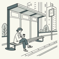 Modern woman sitting patiently at a city bus stop, enjoying a coffee cup while waiting for public transport, reflecting urban daily life and commuting. © Forget