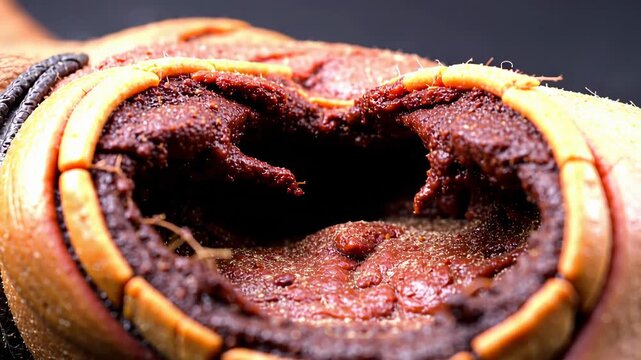 Extreme close-up macro shot of a rotting zombie arm with surgical stitches burst open, revealing desiccated muscle tissue and settled dust underneath.