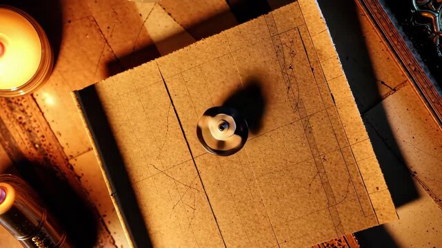 Top-down view of an antique compass needle spinning erratically over weathered parchment map under flickering candlelight, casting long shadows, evoking