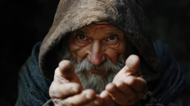 Old man with weathered hands pleading for help in a dimly lit urban setting, showcasing the struggles of poverty