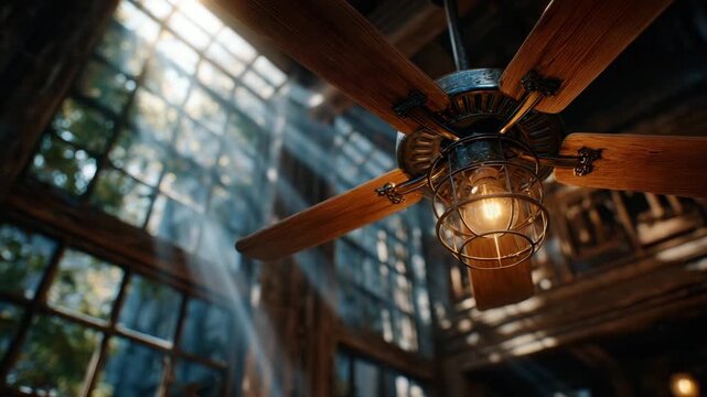 Rustic wooden ceiling fan with warm lighting in modern loft space