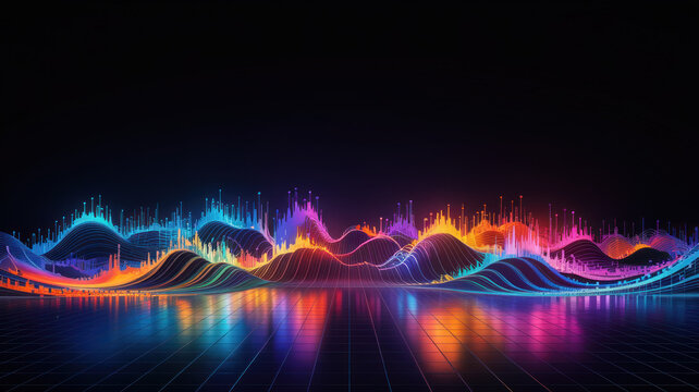 A vibrant glowing digital landscape resembling sound waves or data visualization with colorful neon lines forming peaks and valleys reflected on a futuristic grid surface creating a modern a