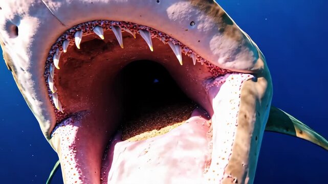 Close-up tracking shot alongside a massive Basking Shark swimming slowly with its cavernous mouth wide open, filtering microscopic plankton from the ocean