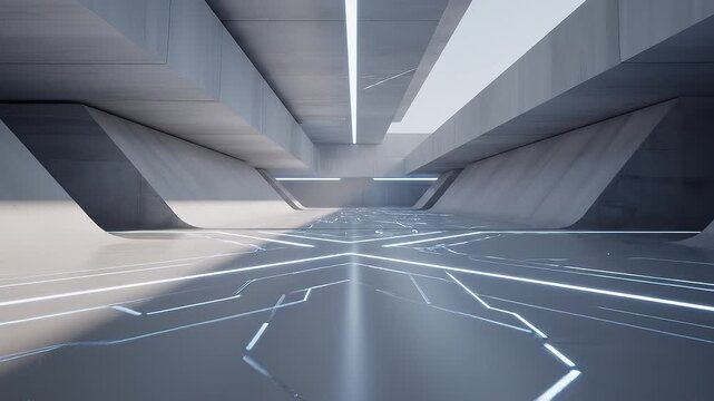 Sleek architectural rendering of a futuristic interior with luminous circuit patterns, embodying advanced technology, digital connectivity, and modern abstract design