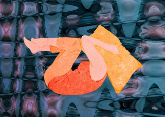 Ilustracja młoda kobieta skulona z poduszką na głowie na abstrakcyjnym geometrycznym tle. © Monika